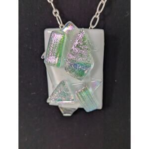 White fused + iridescent glass aurora Pin/Pendant SP 20" chain 11/4" x 1 3/4"